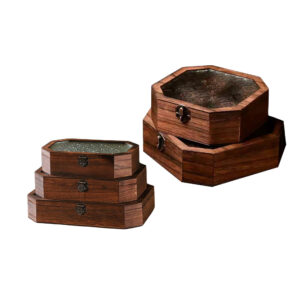 P11060-29060 vintage octagonal wooden containers with flip crabapple lids