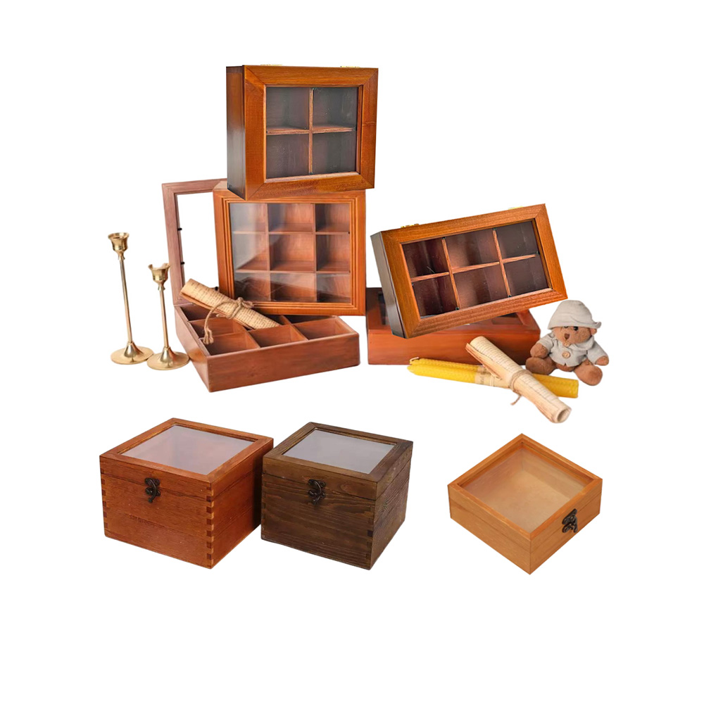 P12050-340115 wooden vintage containers with flip clear lids and compartments