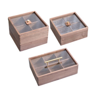 P230100-340100 walnut wooden vintage containers with top and bottom clear lids and compartments