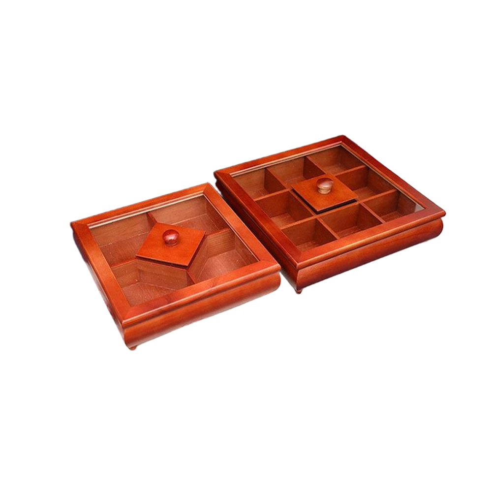 P26075-30076 wooden vintage containers with top and bottom clear lids and compartments