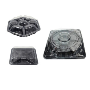 JF2 series 333-460 mm all black sushi party trays with compartments