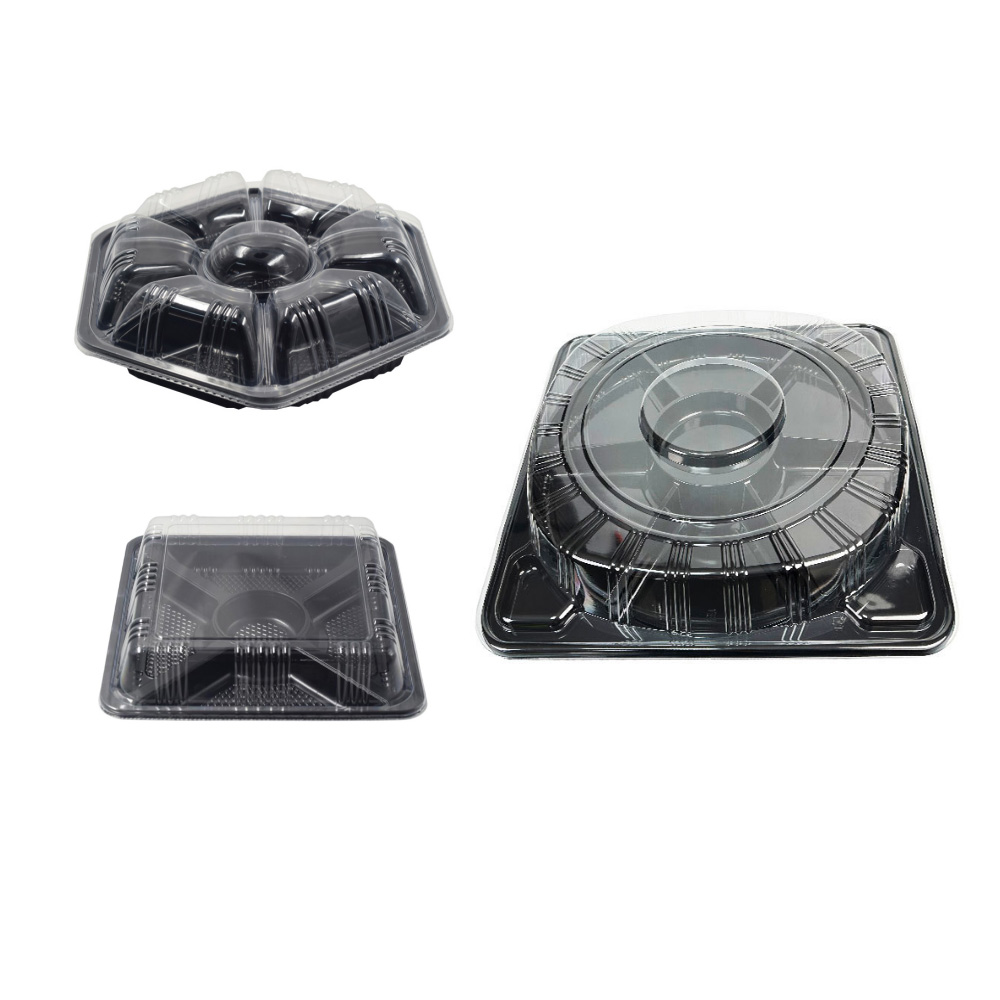 JF2 series 333-460 mm all black sushi party trays with compartments