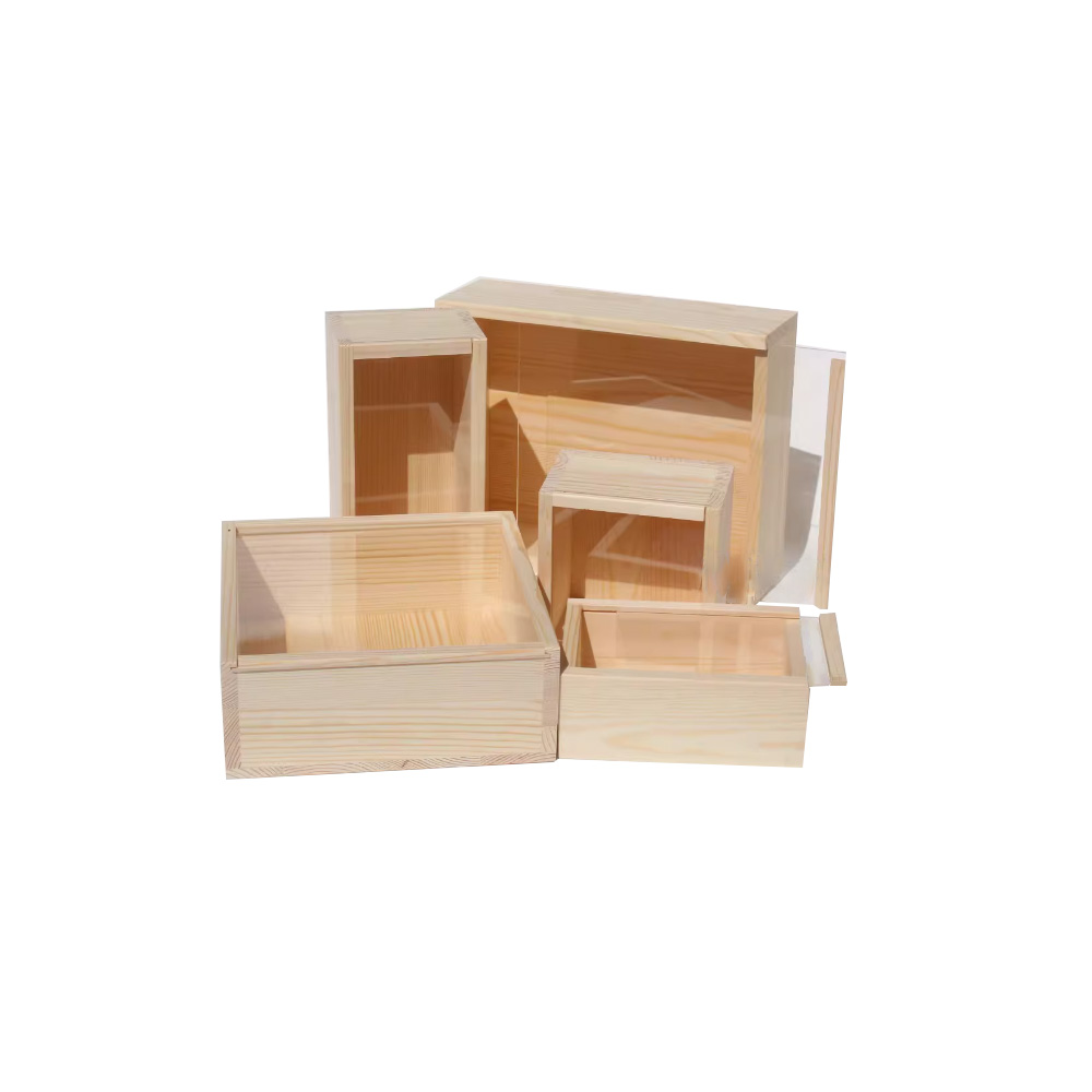 P16050-400100 rectangular wooden containers with pull out clear lids