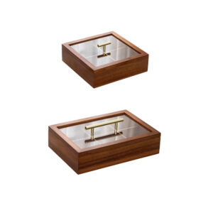 P24080-32575 acacia wooden vintage containers with top and bottom clear lids and compartments