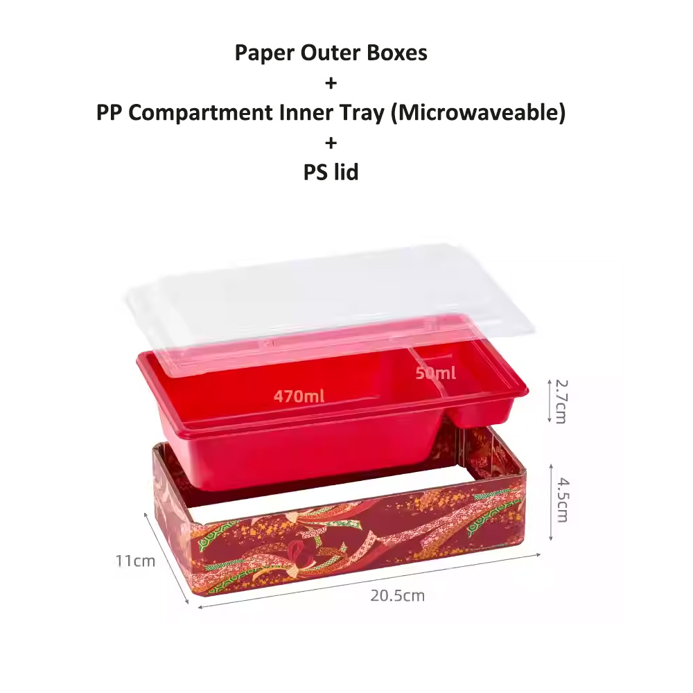 JF25P-2111 kraft paper sushi containers with inner compartment trays and lids - Image 2