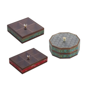 P24070-350140 wooden vintage printed containers with top and bottom lids and compartments