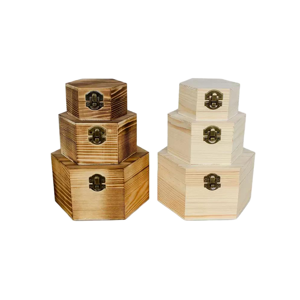 P7045-13080 wooden octagonal containers with flip lids