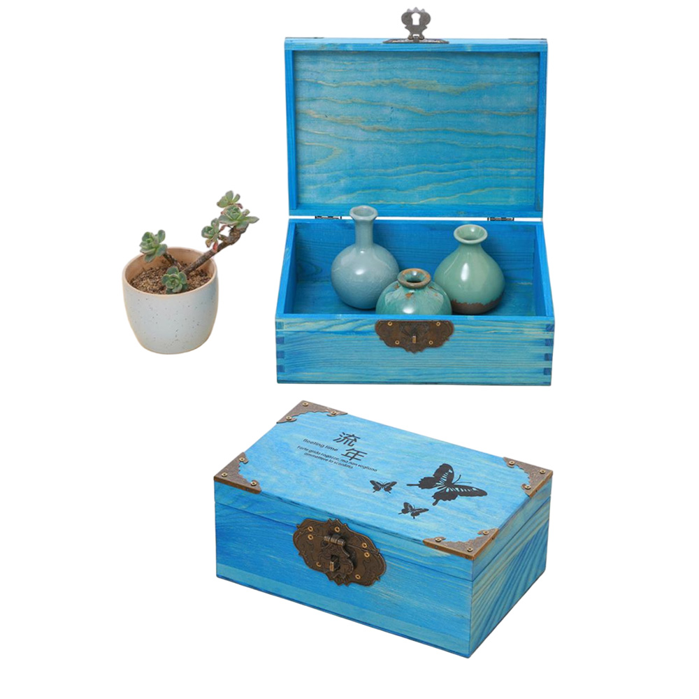 P15570-330110 blue color wooden vintage containers with iron angles flip lids and printing