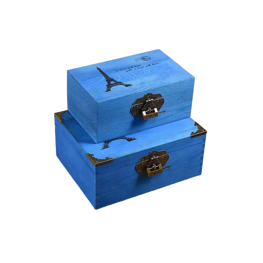 P15080-320120 blue wooden vintage containers with flip lids and printing - Image 2