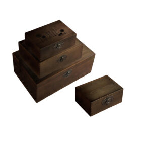 P20090-440180 coffee brown color wooden vintage containers with flip lids and printing