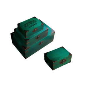 P20090-440180 green color wooden vintage containers with irony angles flip lids and printing