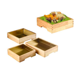 P14045-37070 wooden containers and trays with handles and stainless inner trays